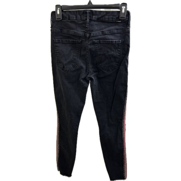 Mother High Waisted Looker Ankle Fray Black Guilty Glitter Racer Stripe Jeans 26 - Picture 2 of 16